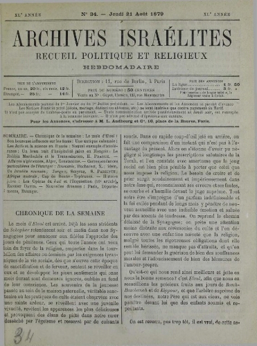 Archives israélites de France. Vol.40 N°34 (21 août 1879)