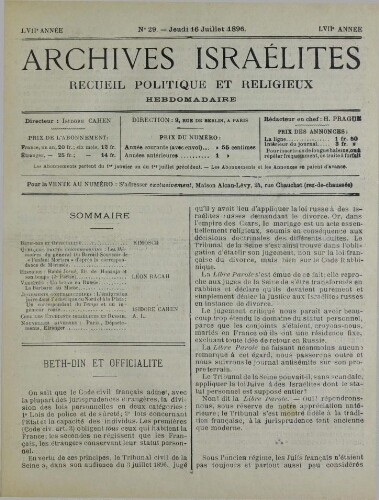 Archives israélites de France. Vol.57 N°29 (16 juil. 1896)