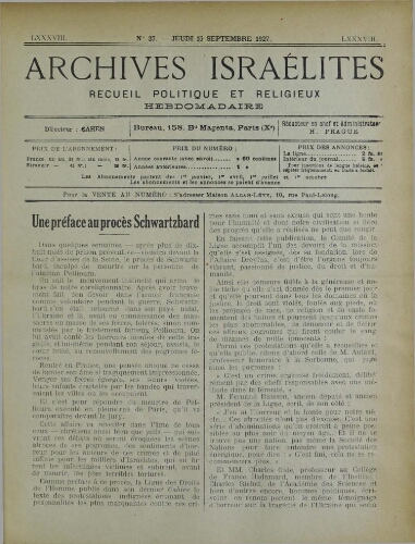 Archives israélites de France. Vol.88 N°37 (15 sept. 1927)