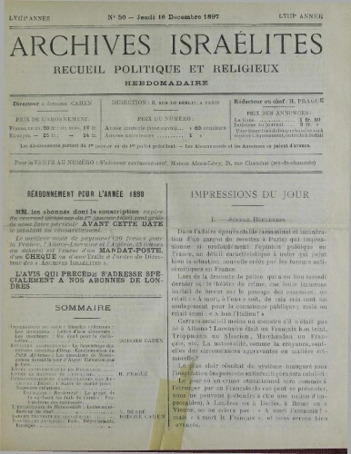 Archives israélites de France. Vol.58 N°50 (16 déc. 1897)