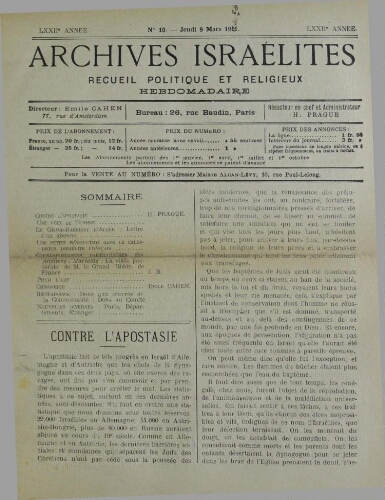 Archives israélites de France. Vol.72 N°10 (09 mars 1911)