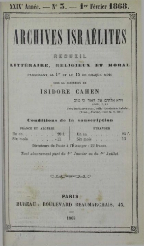 Archives israélites de France. Vol.29 N°03 (01 févr. 1868)